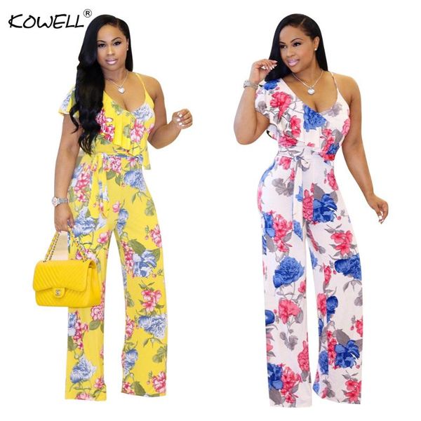 

kowell flower halter women jumpsuit bodysuit boho print v neek backless summmer style streeetwear casual rompers, Black;white