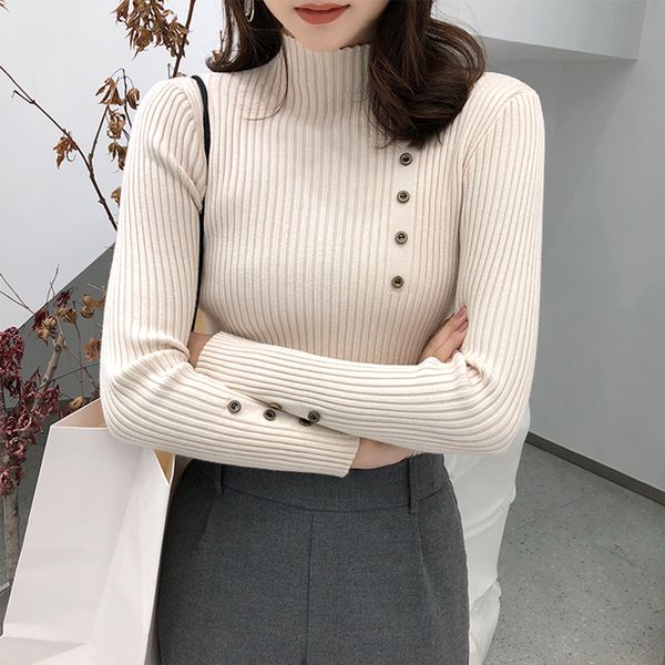 

shintimes button long sleeve women sweater knitted turtleneck high elastic solid 2019 winter fashion sweater women pullovers, White;black