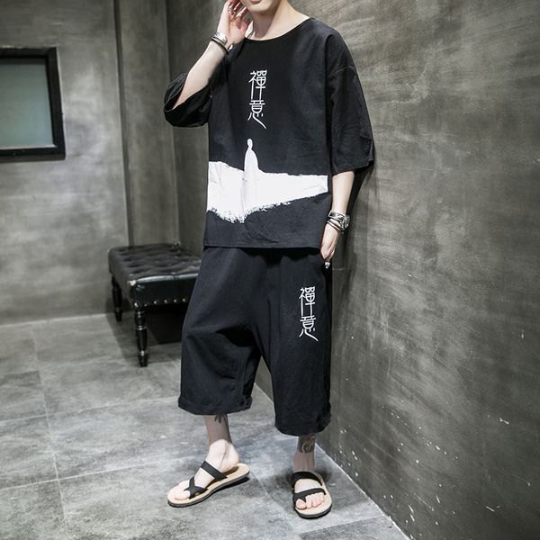 

men's tracksuits summer chinese zen print short sleeve t-shirt suit loose casual, Gray