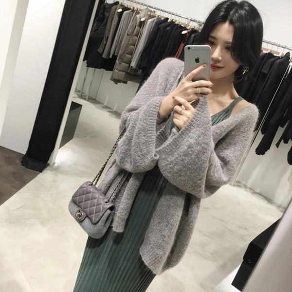 

autumn winter sweater knitted dress women 2 piece set casual loose cardigans coat+spaghetti strap long dress suits clothing, Gray