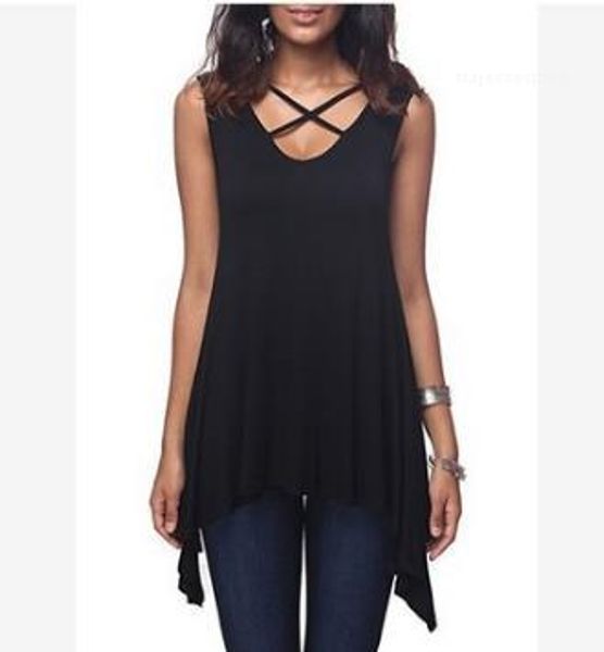 

tshirt casual v neck solid loose irregular tank tees womens summer front chest cross sleeveless, White