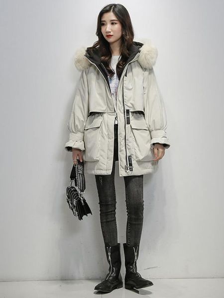 

qiushan winter jacket women large natural fur white duck down coat thick parkas warm sash tie up zipper down snow outerwear, Black