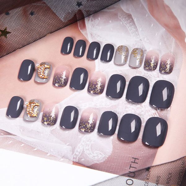 

women summer beach holiday fake nails girls candy color grey pink nail art tips with glue 3d moon style design cute false nails, Red;gold