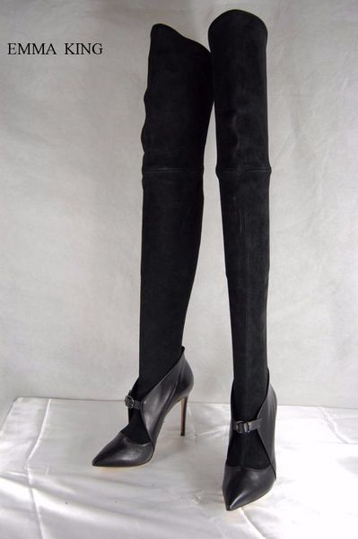 

women boots stretch slim fitted black over knee boots suede leather patchwork belt strapped pointed toe high heels shoes woman