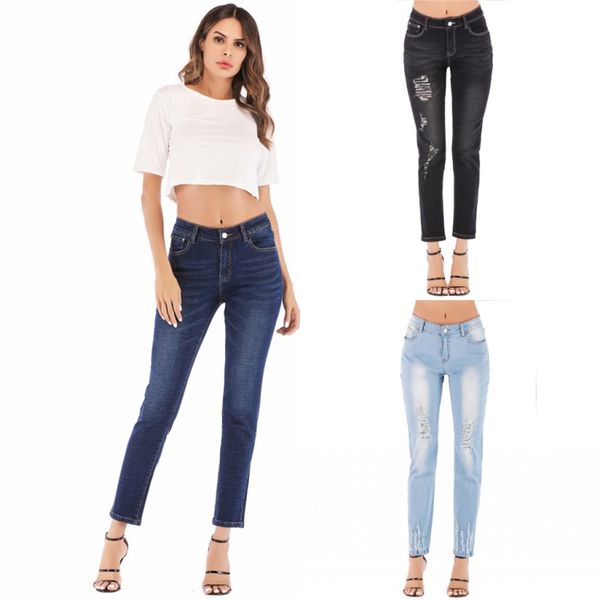 

2019 new dark blue jeans pancil pants women high waist slim hole ripped denim jeans casual stretch skinny holes trousers