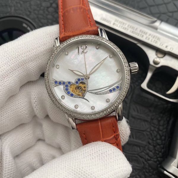 

2019 new style three needles hollow out luxury lady watches automatic movement watches 38mm dial real leather women watch, Slivery;brown