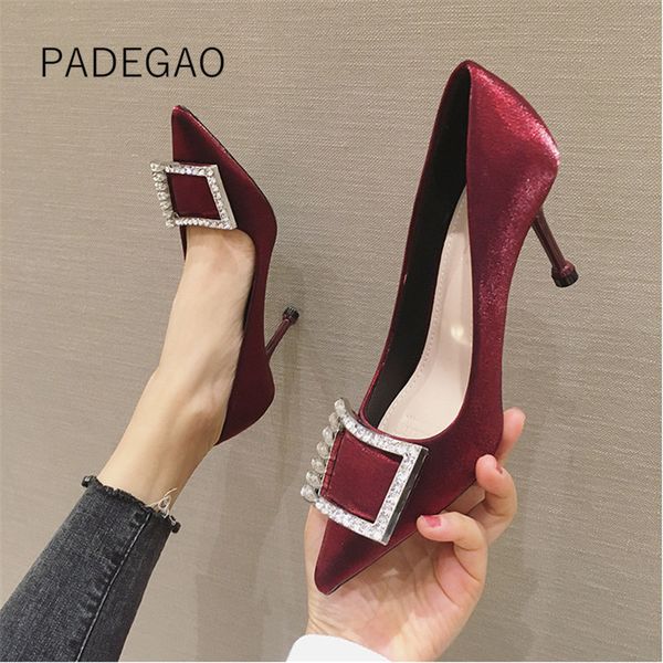 

womens shoes 2020 high heels khaki buckle crystal bling shallow high heels fashion elegant women shoes, Black