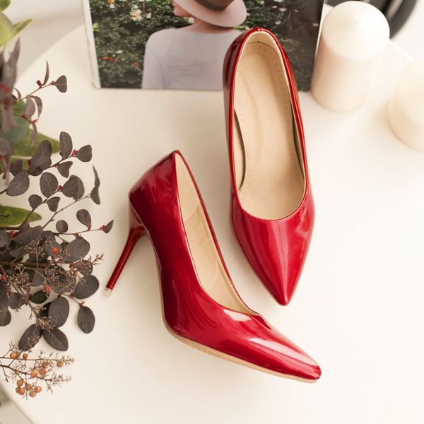 

wholesale 2019 women shiny red black patent leather poined toe women pumps 90mm fashion high heels shoes for women wedding shoe office dress