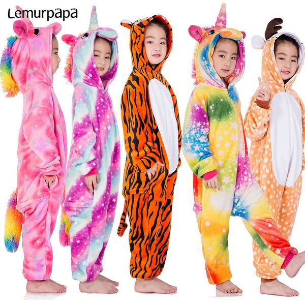 

kids animal pajama set lion fox unicorn kigurumi zipper onesie children boy girl costume winter warm clothing funny cute outfit, White