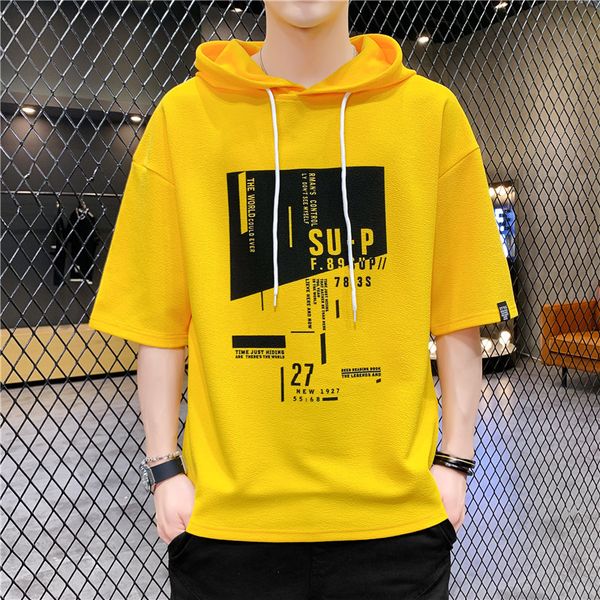 

2020 men's short-sleeve hooded t-shirt youth summer new fashion casual letter printing korean tide tees loose streetwear, White;black