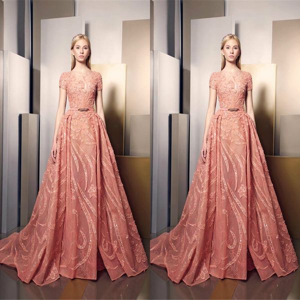 

ziad nakad overskirt prom dresses long sheer jewel neck lace formal gowns sequined floor length tulle appliqued party dress for women, Black