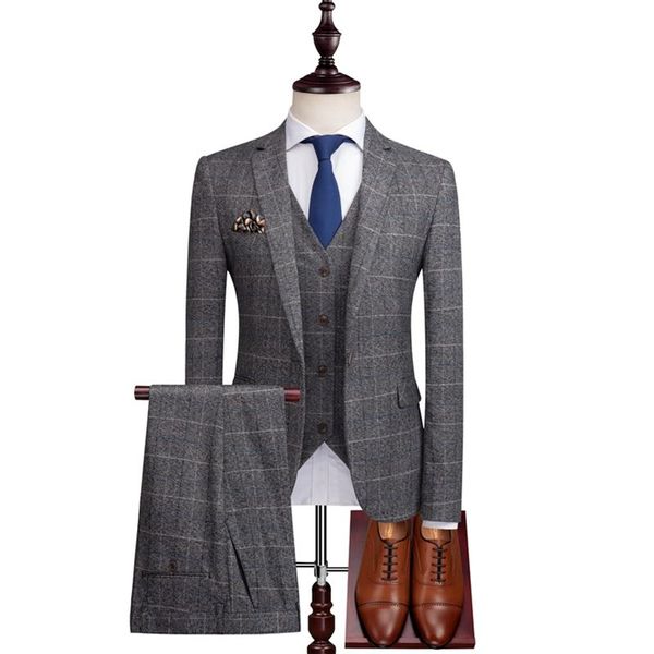 

2020 grey plaid mens suits tweed wool check suits regular fit groom tuxedos custom made plaid wedding tuxedos formal dress, Black;gray