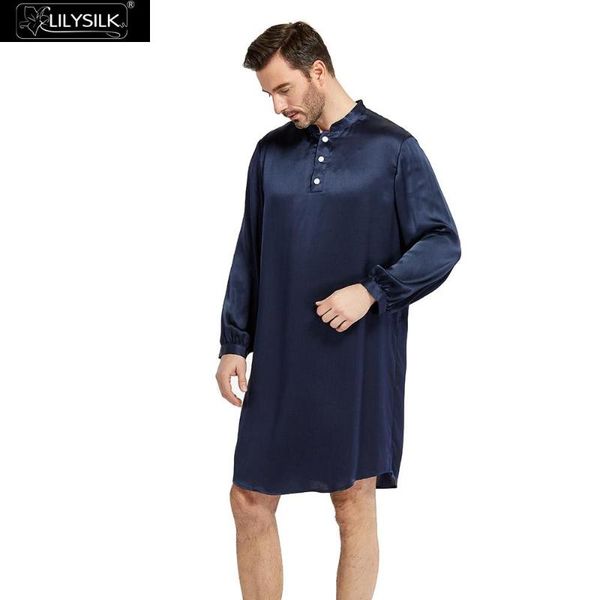 

men's sleepwear lilysilk silk robe bathrobe men male pure 100 22 momme mid-length pullover chinese stand collar, Black;brown