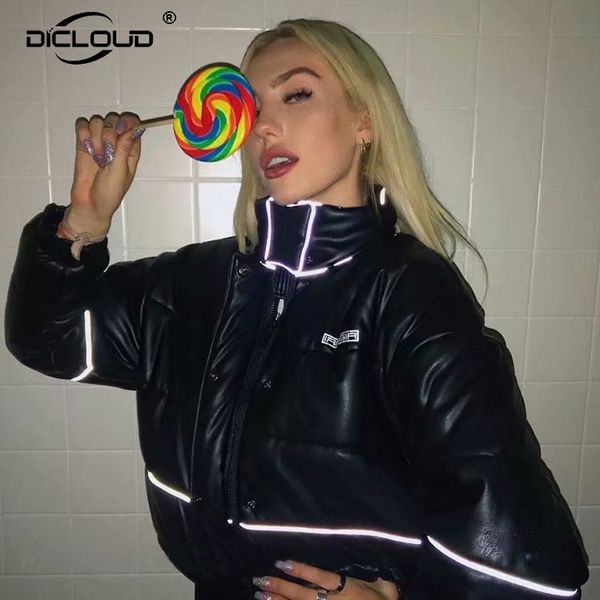 

high fashion women winter padded jackets coats harajuku girls reflective hip hop jacket thick warm black pu leather jacket femme