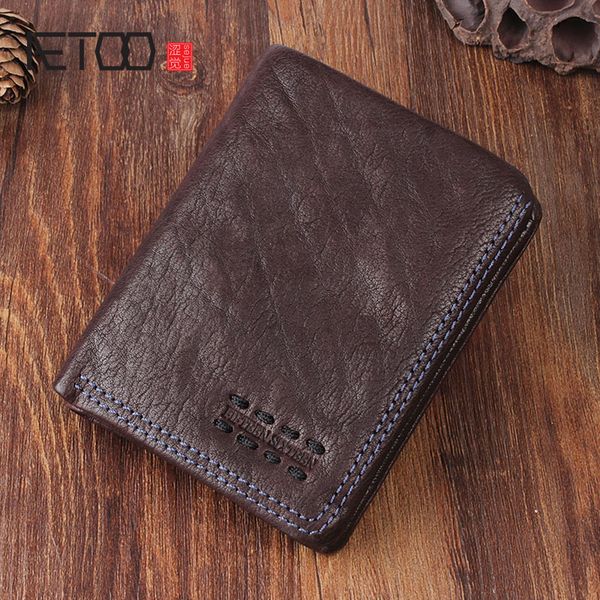 

aetoo original retro handmade leather short wallet leather men and women vertical wallet do old package young thin vintage, Red;black