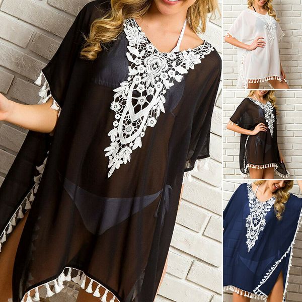 

new style women cover-ups bathing suit lace patchwork crochet bikini loose swimwear cover up casual beach wear fashion 2019, Blue;gray
