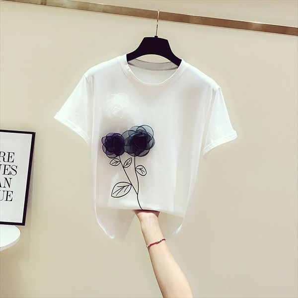 

2020 summer clothing clothes contrast color three-dimensional flower decoration round collar short-sleeved t-shirt women's casual all, White