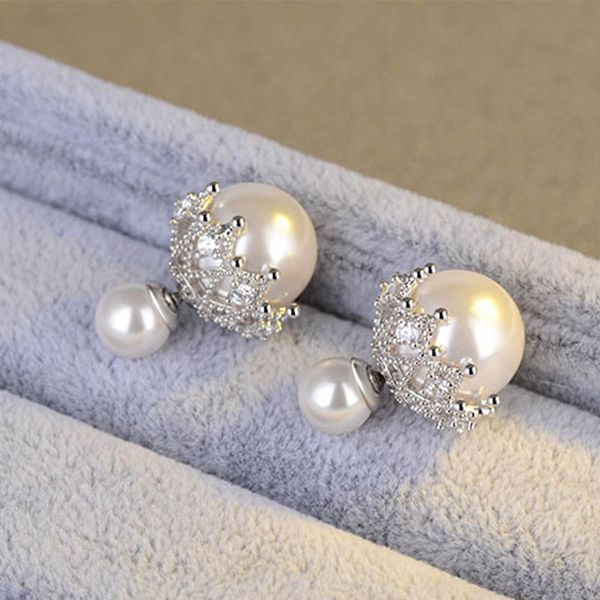 

vintage fashion s925 sterling sliver lace zircon double pearl stud earrings two wear ways for women elegant gifts 2019 new, Golden;silver