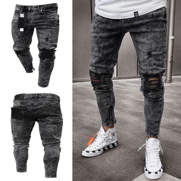 

gray mens dresigner jeans draped washed long pencil pants fashion elastic knee holes zipper fly jeans, Blue