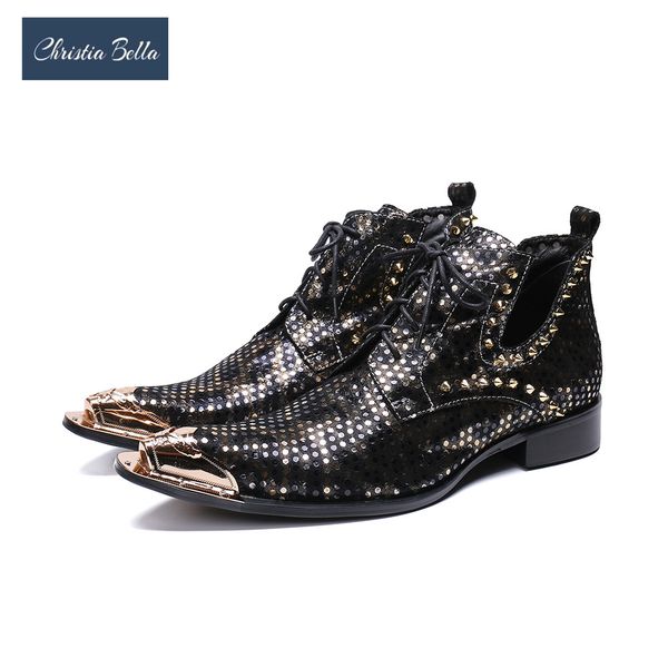 

christia bella new fashion autumn rivets men shoes genuine leather boots metal pointed toe boots big size lace up ankle, Black