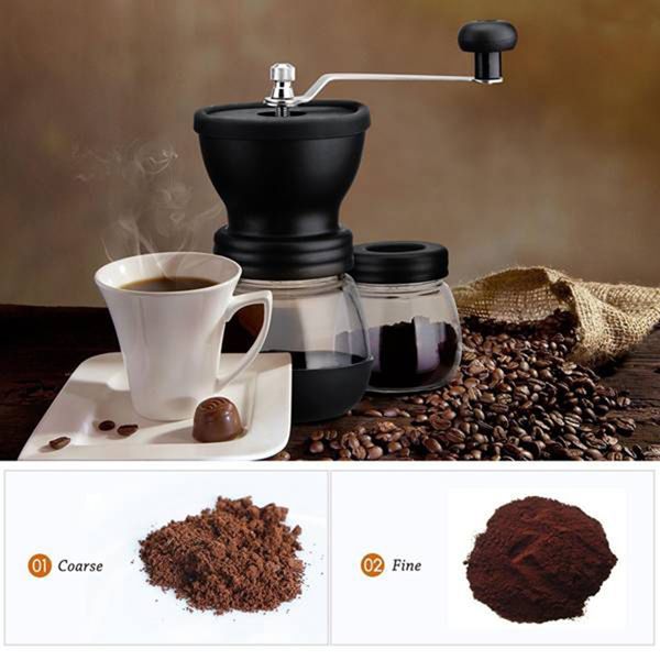 

manual coffee grinder with ceramic burrs, hand coffee mill with two glass jars brush and tablespoon scoop