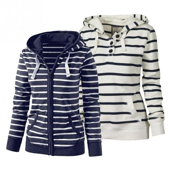 

new ladies autumn and winter casual long-sleeved striped hooded warm sweater zipper pocket cotton blend hoodie jacket, White;black