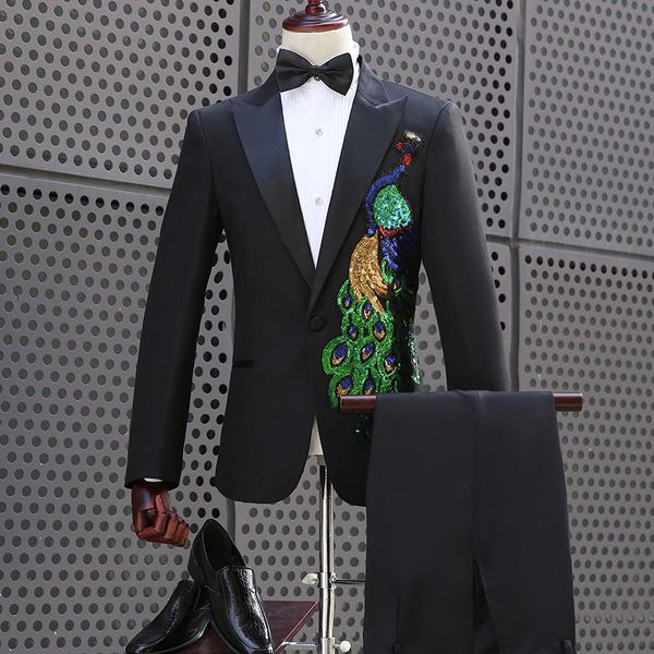 

new chinese style stage singers paillette peacock suits host clothing chorus master performance slim fit costume, White;black
