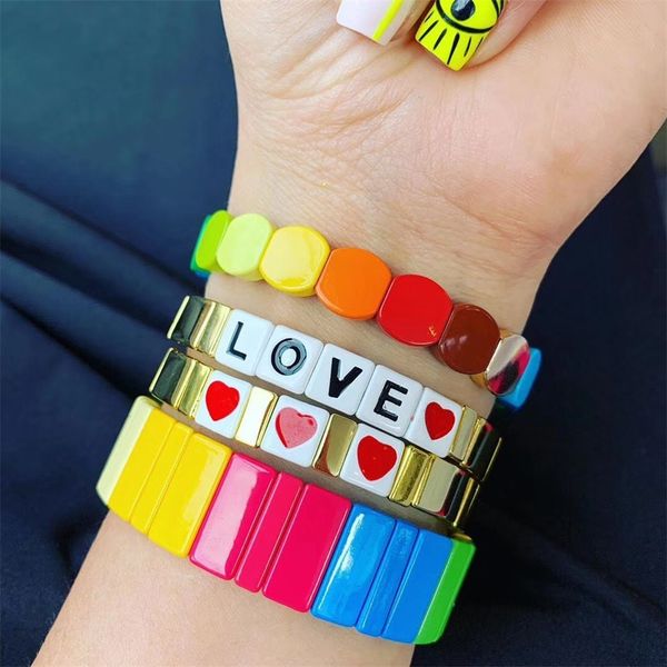 

2020 ins popular alloy enamel tile bracelet love adjustable bead bracelet boho wrist band women thick japanese jewelry, Black