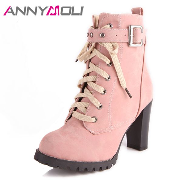 

annymoli winter women shoes female boots lace up block heel ankle boots buckle extreme high heel short boots ladies big size 43 t200425, Black