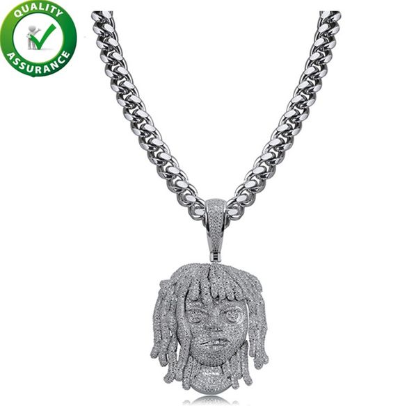 

hip hop jewelry diamond necklace men iced out pendant cuban link chain micro paved bling cz lil pump portrait pendants luxury designer charm, Silver