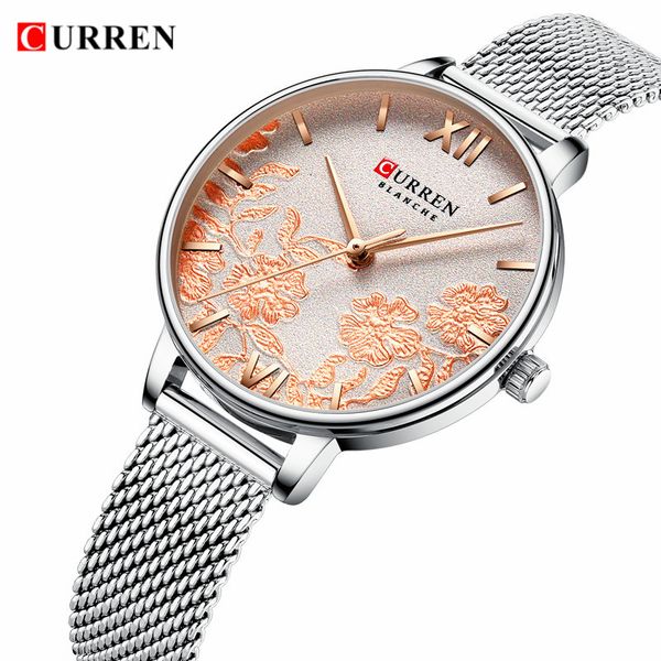

curren women's bracelet watches 2019 new design luxury rose gold ladies girls watches stainless steel analog quartz clock silver, Slivery;brown