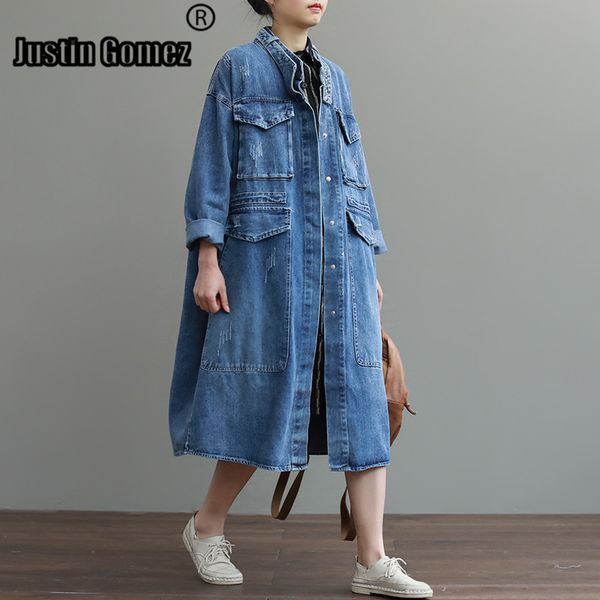 

oversize casual cowboy trench coat for women loose outwear long denim jean coat single-breasted pocket female clothes, Tan;black