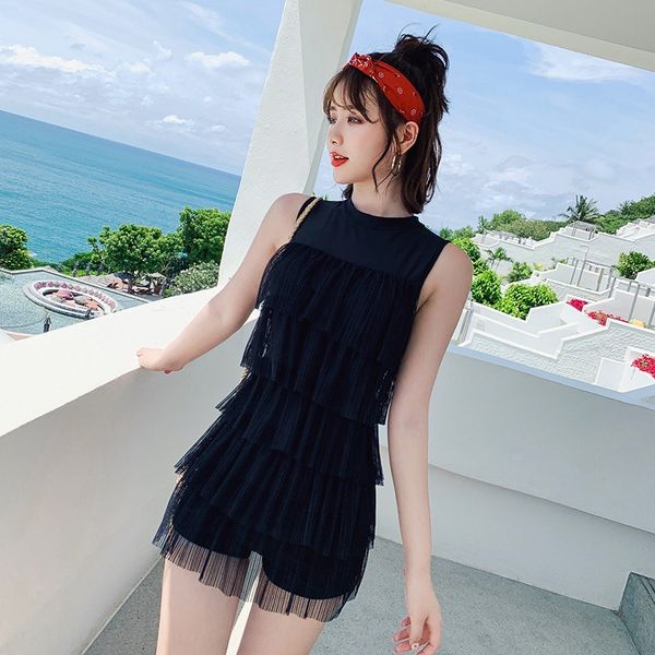 

iasrw solid color one-piece skirt-style gathering women's belly covering slim dress conservative swimsuit large size spring swimsui, White;black