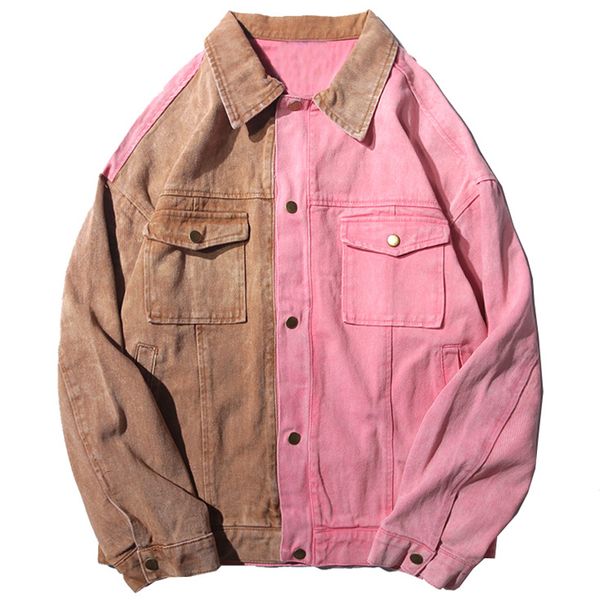 

casual vintage outwear color block pink denim jean jackets 2018 men hip hop jeans streetwear fashion bomber tactical jacket ur36, Black;brown