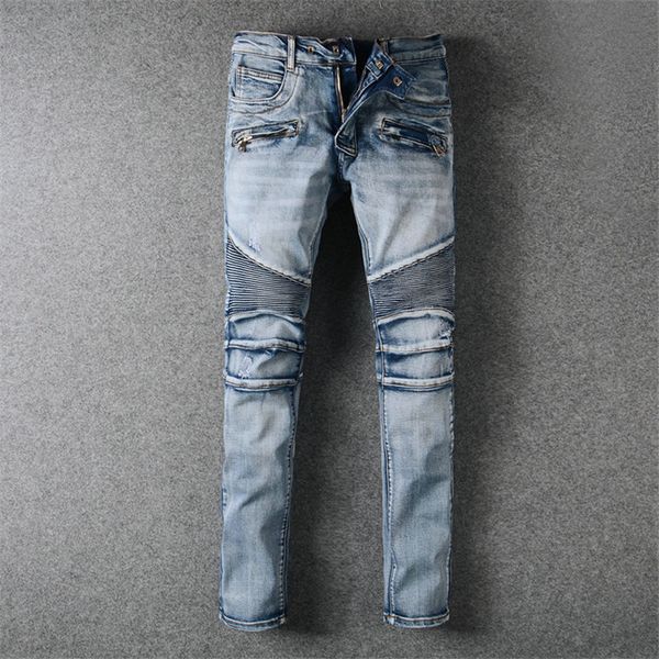 

wholesale men's distressed ripped biker jeans slim fit motorcycle biker denim for men brand designer hip hop mens jeans, Blue