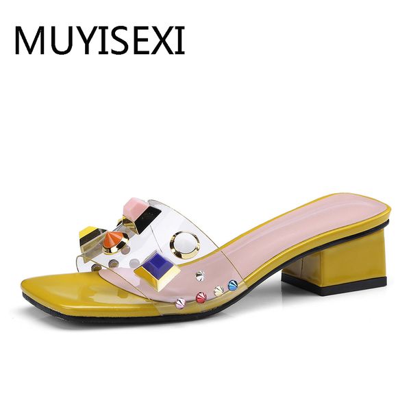 

colorful rivet transparent pvc slipper summer 4cm heels sandals open toe shoes women pink yellow white plus size zmd05 muyisexi, Black