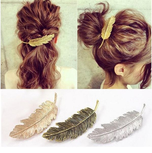 Moda Feminina Folha De Prata De Ouro Pena Grampo de Cabelo Grampo de Cabelo Barrette Bobby Pin Ferramentas de Estilo de Cabelo Ornamento Do Cabelo acessórios 3 Cores