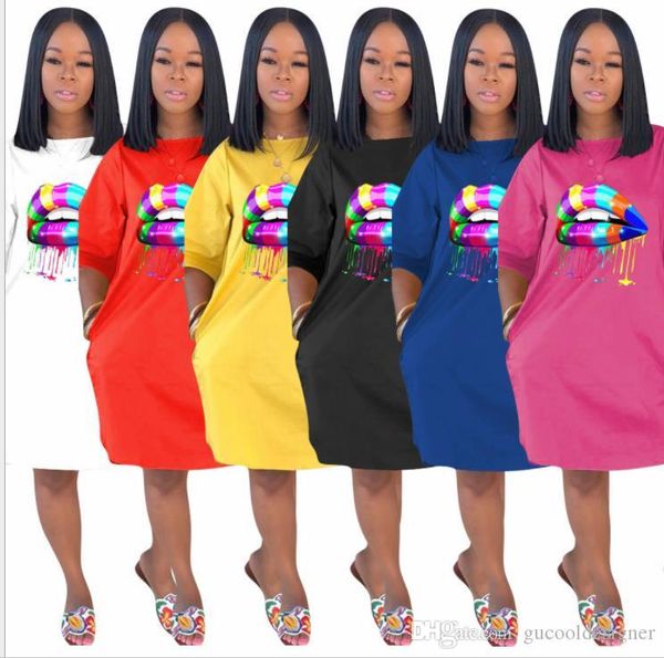 

womens 3d lips printing tshirt dress summer designer crew neck loose plus size dresses females fashion solid color casual clothes