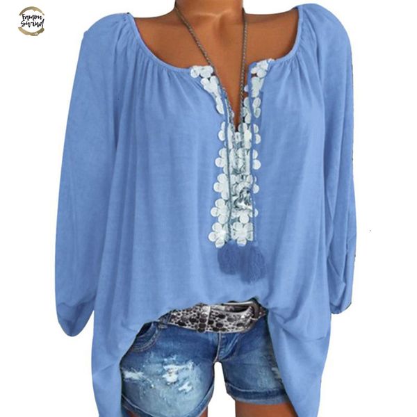 

5xl casual blouses 2019 womens long sleeve slash neck shirts loose tassel lace elegant blusas mujer de moda, White