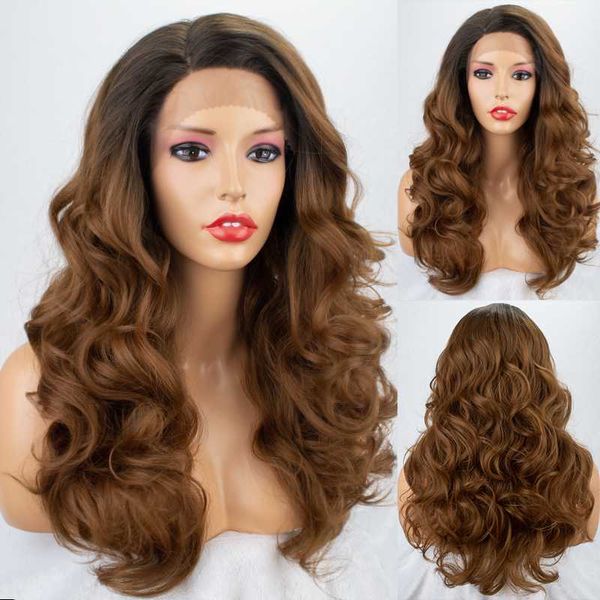 

gossamelle ombre brown mixed black l part lace front wig long wavy synthetic wigs for women cosplay wigs high temperature fiber