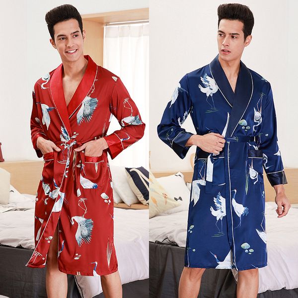 

men's sleepwear long sleeve robe spring and summer bathrobe silk home wear leisure lounge negligee, Black;brown