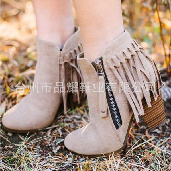 

fashion novelty women autumn ankle boots casual pointed toe vintage short boots solid fringe flock winter shoes plus size, Black
