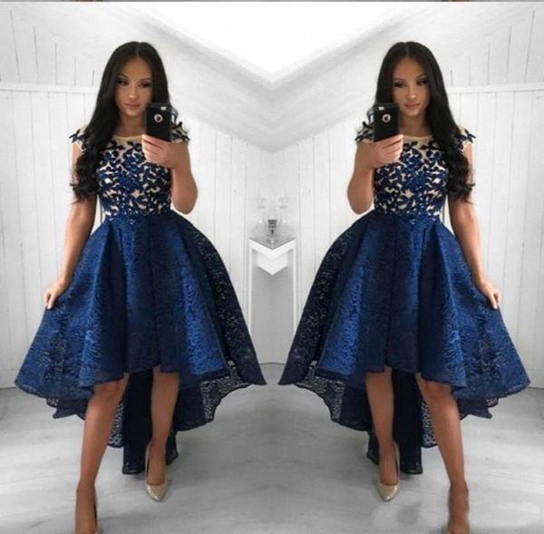 

2019 Navy Blue Lace Cocktail Dresses A Line Crew Neck High Low Short Prom Party Dresses Homecoming Dresses Arabic Vestidos