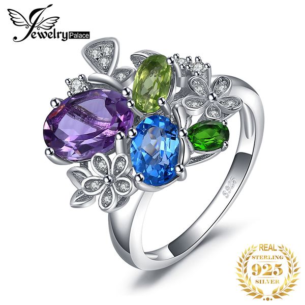

jewelrypalac 2.6ct natural amethyst diopside peridot z ring 925 sterling silver rings for women silver 925 gemstones jewelry, Slivery;golden