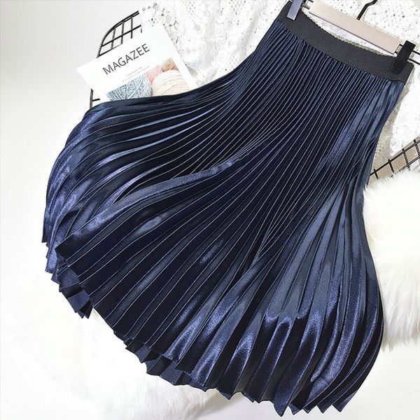 

2018 весна лето новый женский сплошной цвет сатин металлический цвет organ плиссированные юбки женщин высокого ожидания бюст юбки, Black