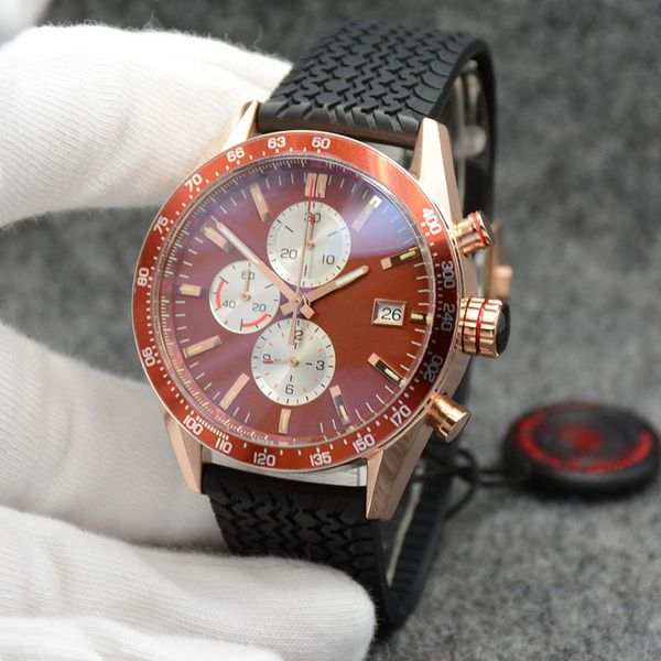 

outdoor quartz satch accurate gold case mens watches wristwatches 43.5mm orange dial with black rubber band and working subdials, Slivery;brown