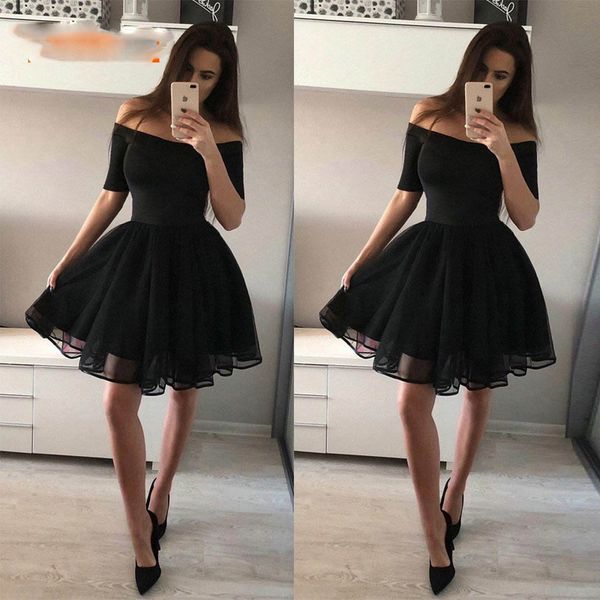 

fashion black short prom dresses 2019 prom dress women boat-neck tulle zipper knee length girl formal homecoming party gown, Blue;pink
