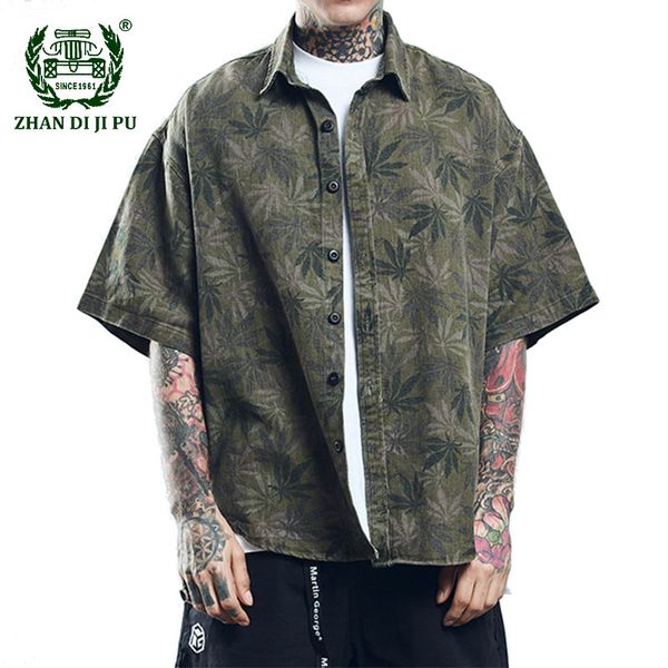 

men's casual shirts cotton streetwear hip hop retro leaves jacquard short sleeve shirt men loose harajuku clothes chemise homme, White;black