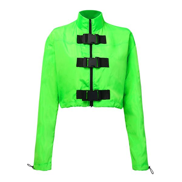 

fashion neon green womens zipper buckle windbreaker jacket long sleeve zipper casuuual streetwear elastic drawstring coat, Black;brown