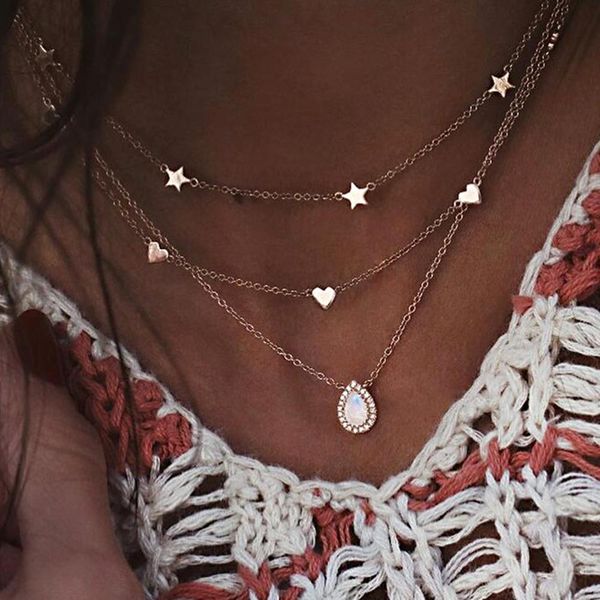 

women multilayer drop faux opal star heart charm chain necklace jewelry, Silver